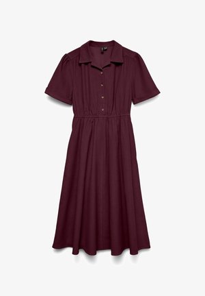 Vestido burdeos con mangas cortas, cuello de camisa, cierre frontal con botones y cintura elástica, que presenta una falda acampanada y una textura suave.