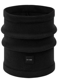 Čierny fleece nákrčník s valcovým tvarom, so stohovanými rebrovanými sekciami a štvorcovou textilnou nálepkou s detailom "EST. 1993".