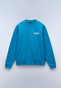 Blauwe sweatshirt met een ronde halslijn, ribgebreide mouwen en zoom. Voorzien van een wit logo en tekst aan de voorkant aan de linkerkant. Gemaakt van zachte stof.
