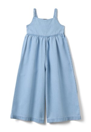 Lichtblauwe jumpsuit met wijde pijpen, mouwloze geplooide bandjes en nauwsluitend lijfje, ontworpen voor kinderkleding voor dagelijks gebruik.