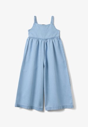Mono de pierna ancha azul claro con tirantes fruncidos sin mangas y cuerpo ajustado, diseñado para ropa casual infantil.