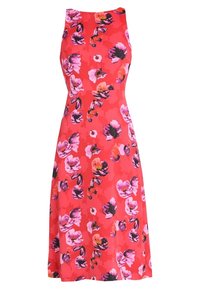 Abito floreale rosso con design senza maniche. Presenta grandi motivi di fiori rosa e viola su uno sfondo rosso uniforme. Tessuto morbido.