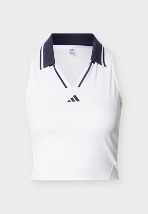 Haut de sport blanc sans manches avec col en V rayé noir et blanc et logo Adidas noir au centre devant.