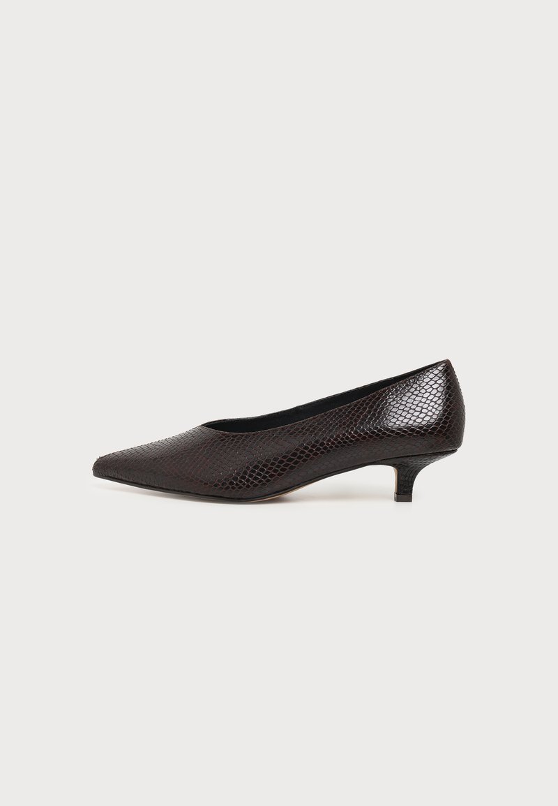 Chaussure femme marron foncé à talon bas, bout pointu et motif peau de serpent texturé sur fond blanc uni.