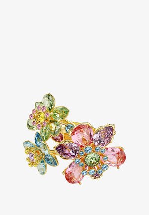 Broche de tono dorado con diseños florales multicolores que presentan cristales en rosa, azul, verde y amarillo en varias formas y tamaños.