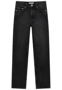 Jean en denim noir avec une coupe droite, cinq poches et une braguette zippée. Caractéristiques d'une texture lisse et de détails de couture minimalistes.