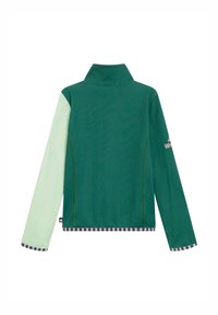Grüne Fleecejacke mit hohem Kragen, mintgrünen Ärmeln, gestreiftem Saum und Logodetail auf dem Rücken. Weicher Stoff, sportliches Design.