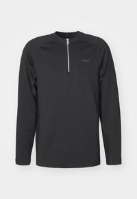 Schwarzes Langarmshirt aus elastischem Stoff mit einem Viertel-Reißverschluss am Kragen, Paneel-Akzenten an den Ärmeln und einem kleinen Logo auf der Brust.