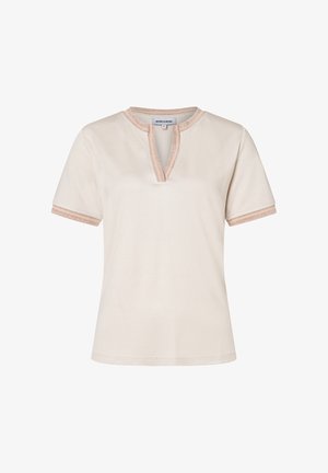 Kurzärmlige, cremefarbene Bluse mit V-förmigem Ausschnitt und beiger Spitzenverzierung am Kragen und an den Ärmelbündchen.