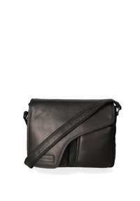 Borsa a messenger in pelle nera con chiusura a pattina, tracolla regolabile e dettagli nella tasca frontale. Finitura liscia con cuciture a contrasto.