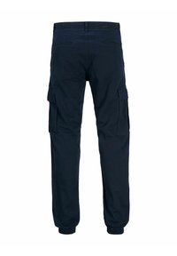 Marineblaue Cargo-Hose mit elastischen Bündchen, mehreren seitlichen Taschen und glatter Stoffstruktur. Verfügt über ein klassisches Design mit geradem Bein.