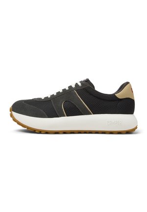 Black mesh and suede sneaker with white laces, beige accents, and a white sole featuring a textured tread. "CAMPER" stamped on the heel.