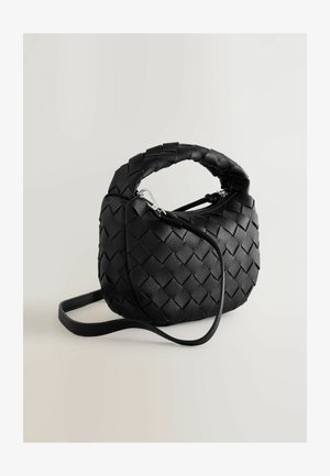 Black woven leather bag with a rounded shape, multiple braided handles, a zip closure, and an adjustable shoulder strap. Textured surface.