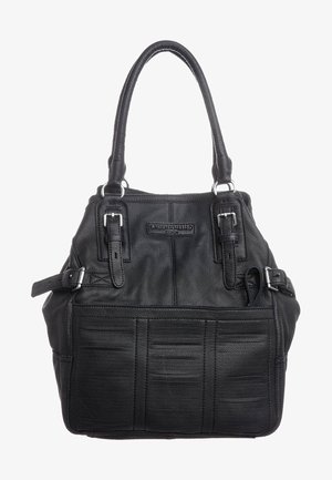 Bolso de cuero negro con dos asas, correas delanteras con hebillas, detalles de costura y un pequeño parche con el logo de la marca.