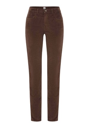 Brown corduroy pants with a slim fit, five pockets, and a button closure. Smooth texture with subtle ribbed detailing.