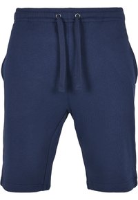 Shorts en coton bleu marine avec une taille élastique, fermeture à cordon de serrage et poches latérales. Coutures à plat et longueur au-dessus du genou.