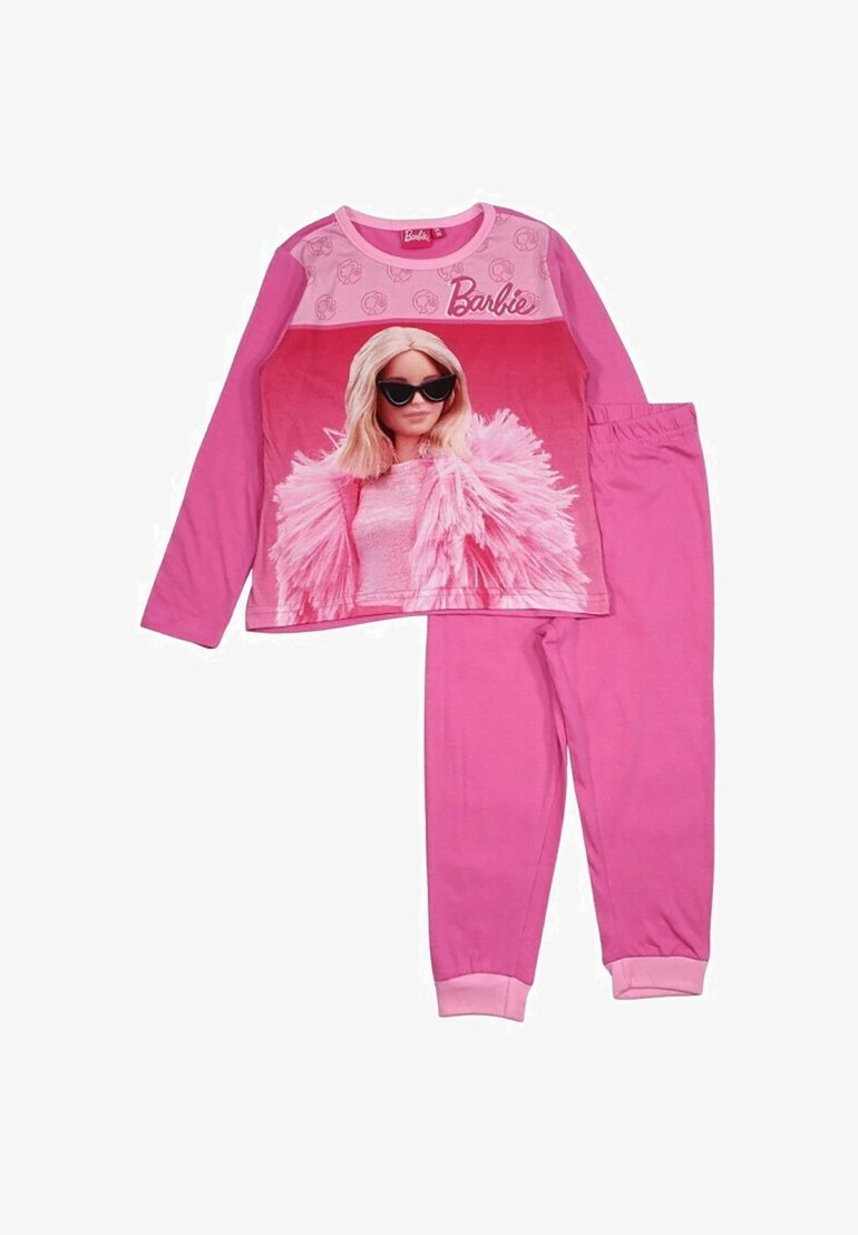 Ensemble de pyjama rose comprenant un haut à manches longues avec un graphique d'un personnage portant des lunettes de soleil et un pantalon rose uni assorti avec une taille élastique.