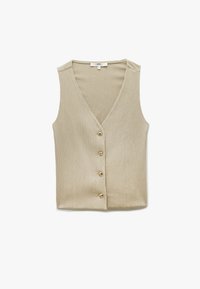 Beige neuleliivi, jossa on V-mallinen kaula-aukko ja viisi kultasävyistä nappia edessä, tekstiililtä tekstuuria ja hihattomat.