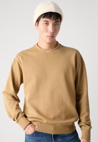 Sudadera marrón de manga larga con puños y dobladillo acanalados, con un cuello redondo y el logotipo "BOSS" en relieve en el collar. Combinada con un gorro crema.