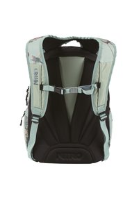 Black and mint green backpack with floral accents, padded back, adjustable straps, mesh detailing, and Nitro logo on the base.