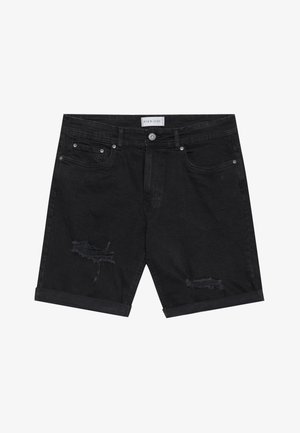 Black denim shorts featuring a distressed design with frayed patches, five pockets, and a rolled cuff at the hem. Brand label at the waist.