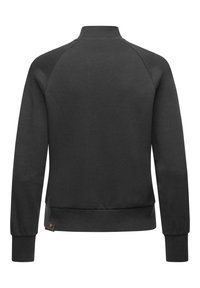Felpa nera con colletto alto, maniche raglan, polsini e orlo a coste. Presenta un piccolo etichetta logo marrone sul lato inferiore.
