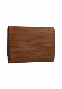 Brown textured wallet with a horizontal stripe pattern and curved edges. Made of synthetic material with visible stitching and a smooth surface.