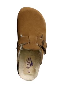Brune ruskinds slip-on sko med en blød shearling foring, der har to justerbare stropper og en rund tå. Etiketten siger "Plakton, 33."