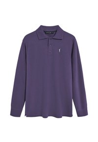 Langsleeve polo shirt in dieppaars, gemaakt van zachte stof. Heeft een kraag, een drie-knopen sluiting en een klein logo op de borst.