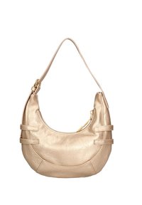 Borsa a mano metallici d'oro con forma curva, presenta una sola tracolla, due accenti orizzontali e un compartimento con zip.