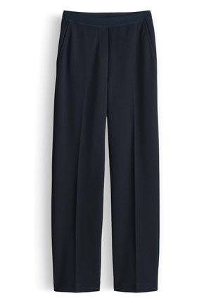 Marineblauwe rechtvallende broek met elastische tailleband en zijzakken, plat gelegen op een witte achtergrond.