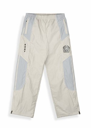 Lichte, beige windbreaker-broek met grijze accenten, elastische taille, zijzakken en merkborduring op het linkerbovenbeen.