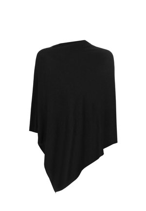 Poncho nero con una consistenza morbida, realizzato in un tessuto leggero, caratterizzato da un design morbido e drappeggiato e un orlo asimmetrico.