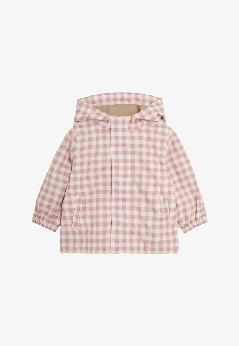 Giacca da pioggia a quadri rosa e bianca con cappuccio, polsini elasticizzati e tasche laterali. Realizzata in tessuto leggero con una trama liscia.