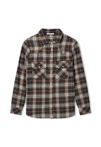 Camicia a maniche lunghe a quadri marrone, beige e grigio con colletto, chiusura con bottoni a pressione e due tasche frontali con patta.