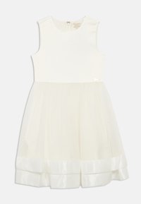 Λευκό φόρεμα για κορίτσια χωρίς μανίκια με εφαρμοστή μπλούζα, φουσκωτή φούστα από τούλι και σατέν τελείωμα στο τελείωμα, με φερμουάρ στο πίσω μέρος.