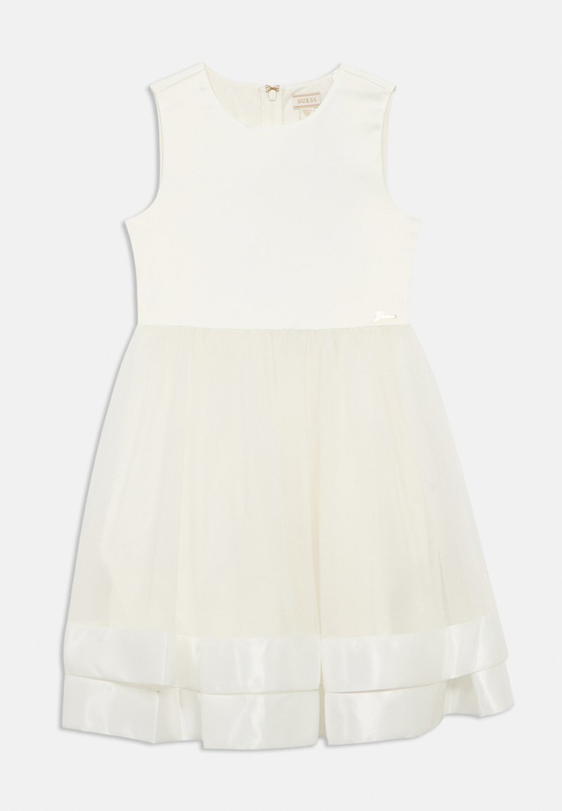 Λευκό φόρεμα για κορίτσια χωρίς μανίκια με εφαρμοστή μπλούζα, φουσκωτή φούστα από τούλι και σατέν τελείωμα στο τελείωμα, με φερμουάρ στο πίσω μέρος.