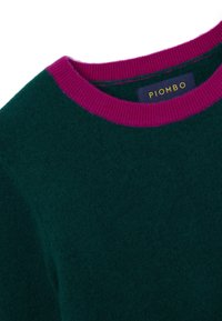 Maglione verde con scollo rotondo a costine fucsia. Realizzato in materiale morbido, presenta un'etichetta con la scritta "PIOMBO" in lettere dorate.