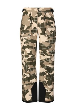 Kamuflage-mønstrede bukser i beige og grøn. Lavet af syntetisk materiale med en løs pasform og flere lommer. Sorte detaljer ved manchetterne.