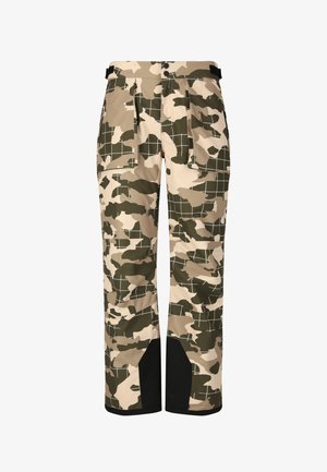 Housut, joissa on beigellä ja vihreällä kamouflagekuvio. Valmistettu synteettisestä materiaalista, jossa on löysä istuvuus ja useita taskuja. Mustat yksityiskohdat hihoissa.