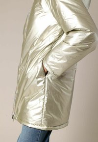 Veste matelassée métallique légère avec une surface brillante, des poches latérales et une coupe décontractée. Le tissu est lisse avec un léger éclat.