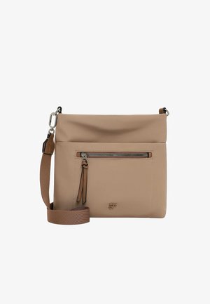 Beige crossbodytas met verstelbare bruine band, voorvak met dubbele ritstrekkers en klein reliëflogo aan de onderkant van de voorkant.