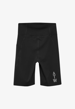 Zwarte sportshorts met een zachte textuur, voorzien van een elastische tailleband, zijzak en een grijs "ATW"-logo op de onderzijde van de voorkant.
