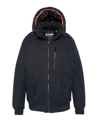 Navyblauwe geïsoleerde jas met een afneembare capuchon, oranje voering, twee zijzakken en een ritszak op de borst. Voorzien van ribgebreide manchetten.