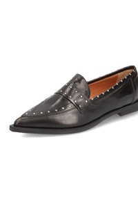 Black leather loafers with pointed toe, studded accents along the upper, and flat heel. Smooth texture and stitched detailing.