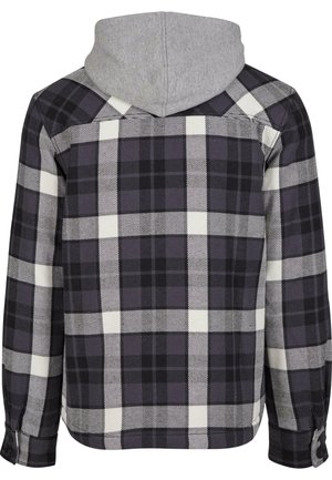 Plaid flannel shirt with gray hood, featuring large check pattern in black, white, and purple, with buttoned cuffs and a straight hem.