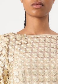 Close-up van een persoon die een doorschijnende beige top draagt met verhoogde gouden bloemrijke borduursels die de borst en schouders bedekken.