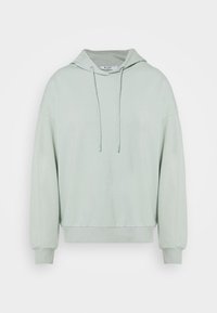 Sudadera verde claro con capucha ajustable, mangas largas y puños acanalados. Material de algodón suave, corte holgado y diseño minimalista.