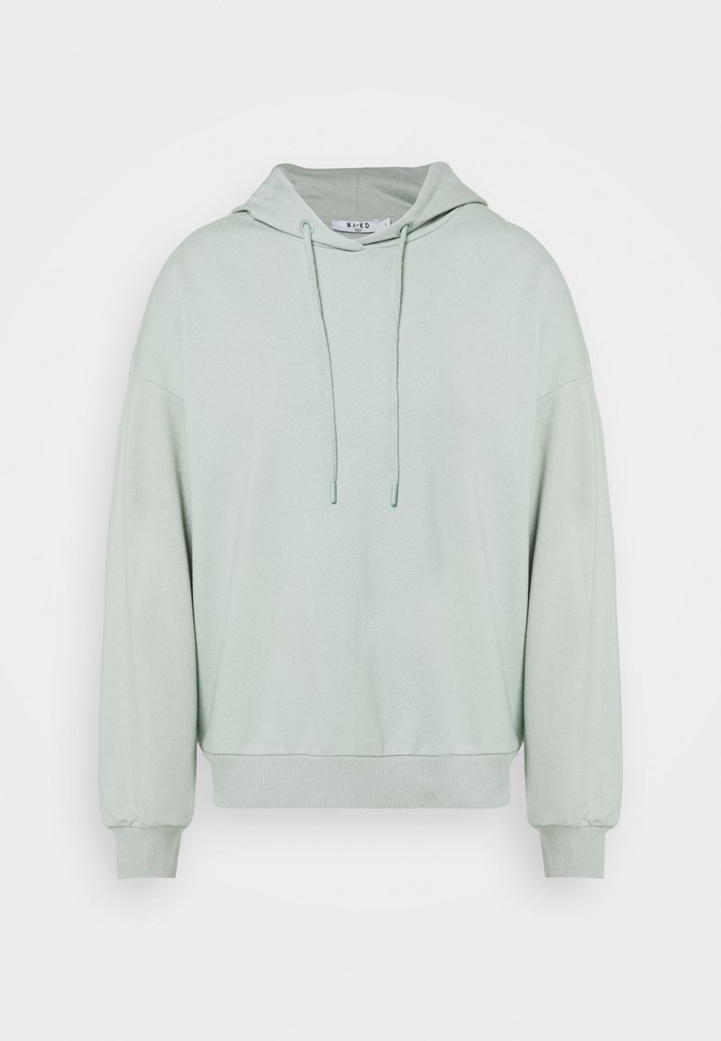 Sudadera verde claro con capucha ajustable, mangas largas y puños acanalados. Material de algodón suave, corte holgado y diseño minimalista.