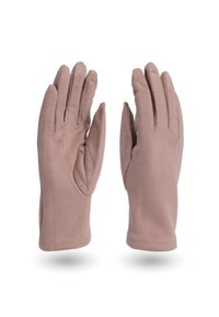 Guanti marroni, con una texture morbida e un design aderente. Caratteristiche includono cinque dita e un palmo senza cuciture per comfort e destrezza.